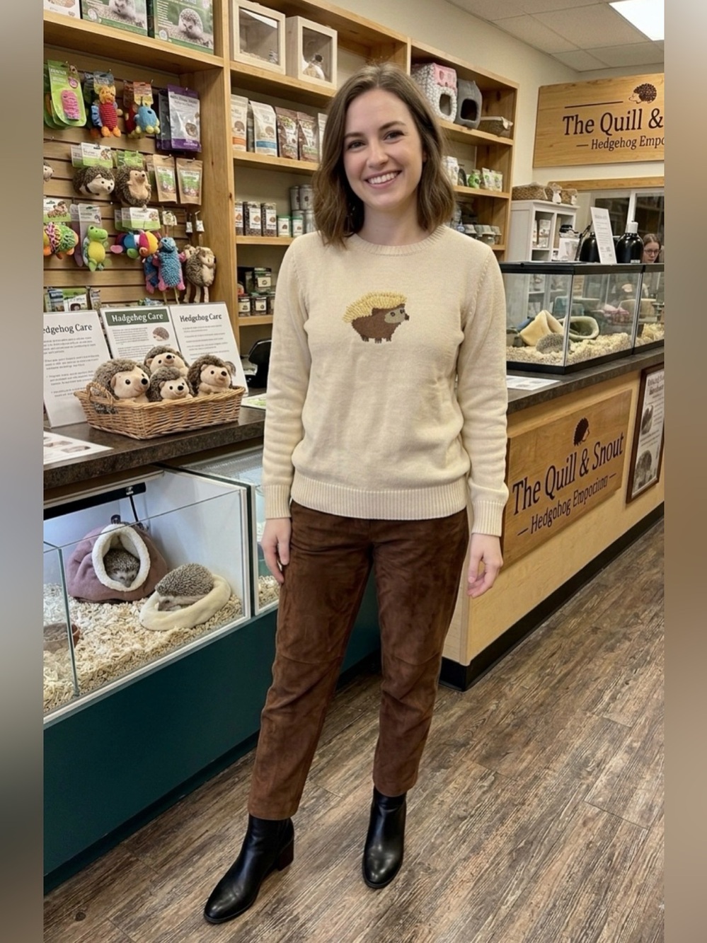 Coldwater Creek Cream Beaded Hedgehog Academia Whimsical Medium Sweater